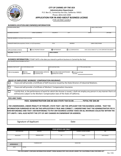 First page of the Application for In-and-About Business License