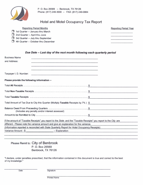 First page of the Hotel and Motel Occupancy Tax Report