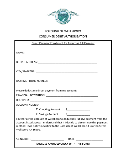 First page of the Consumer Debit Authorization