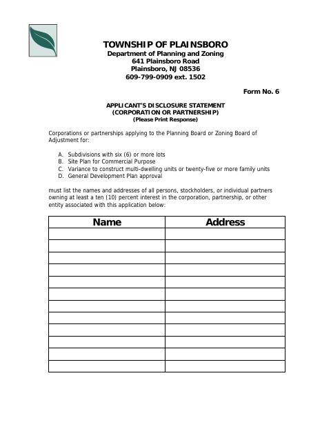 First page of the Applicant’s Disclosure Statement (Corporation or Partnership)
