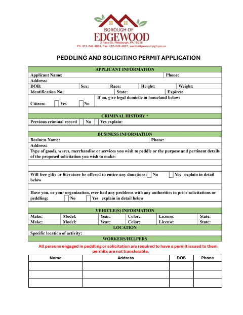First page of the Peddling and Soliciting Permit Application