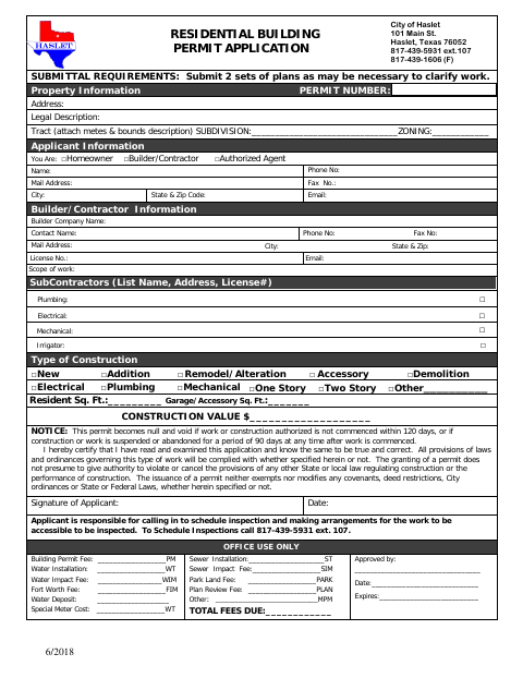 First page of the Residential Building Permit Application