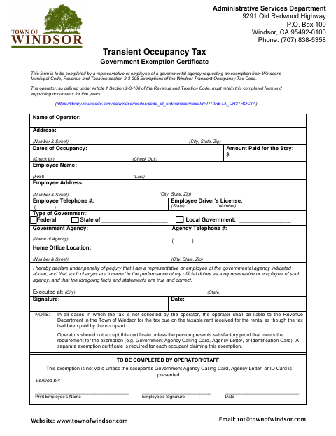 First page of the Transient Occupancy Tax Government Exemption Certificate