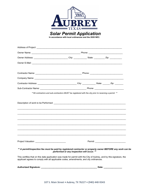 First page of the Solar Permit Application