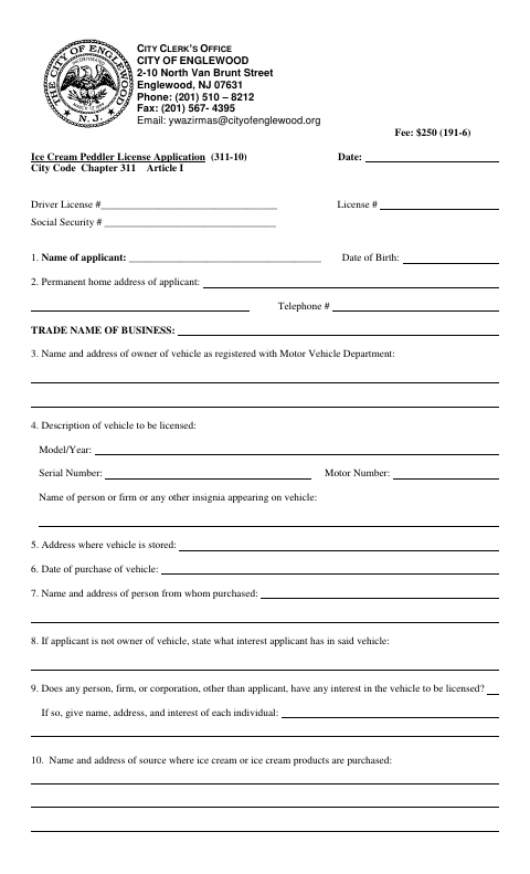 First page of the Ice Cream Peddler License Application