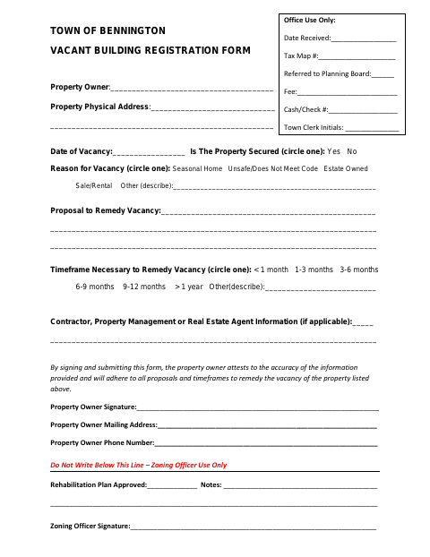 First page of the Vacant Building Registration Form