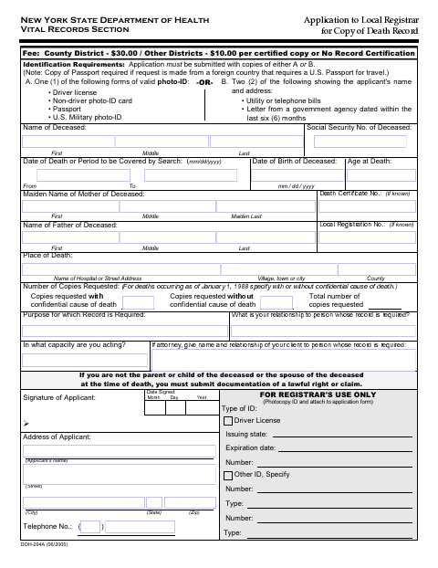 First page of the Application to Local Registrar for Copy of Death Record