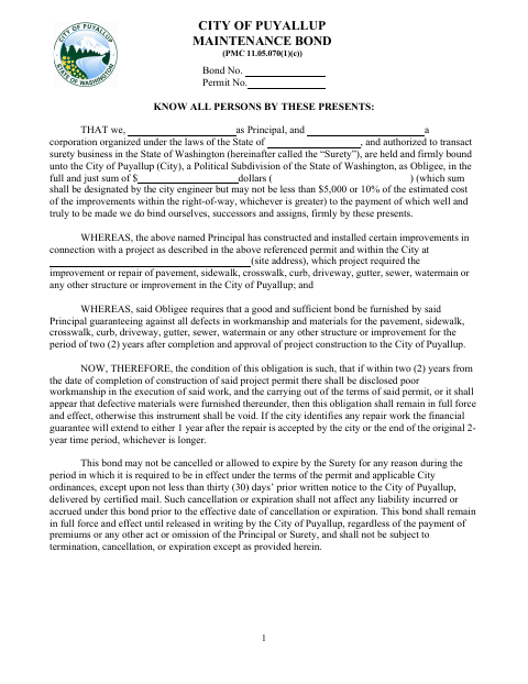 First page of the Maintenance Bond