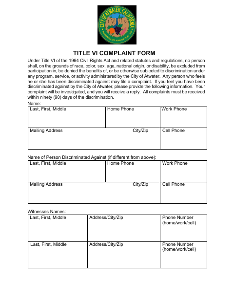First page of the Title VI Complaint Form