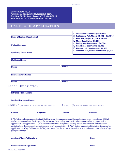 First page of the Land Use Application and Checklist