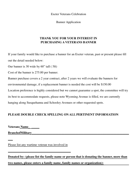 First page of the Veterans Celebration Banner Application