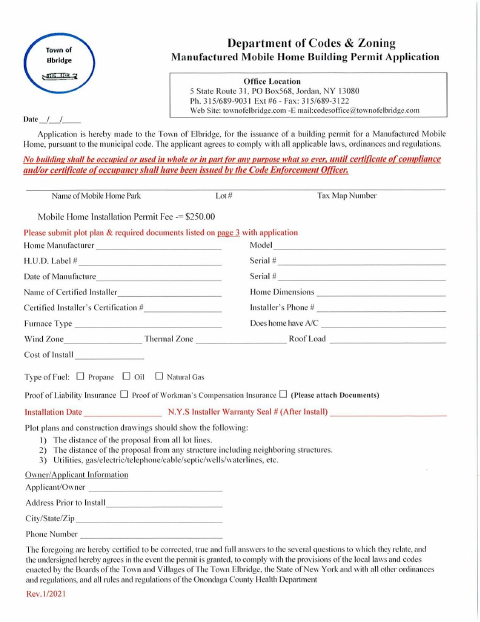 First page of the Manufactured Mobile Home Building Permit Application