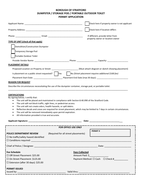 First page of the Dumpster, Storage Pod, and Portable Outdoor Toilet Permit Application