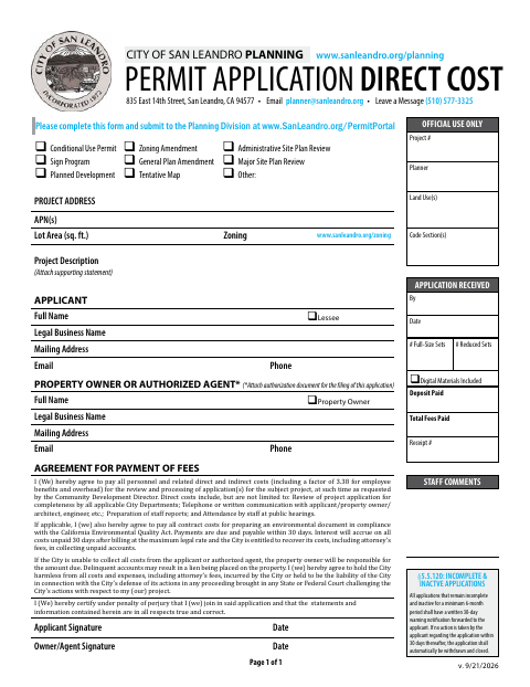 First page of the Permit Application Direct Cost