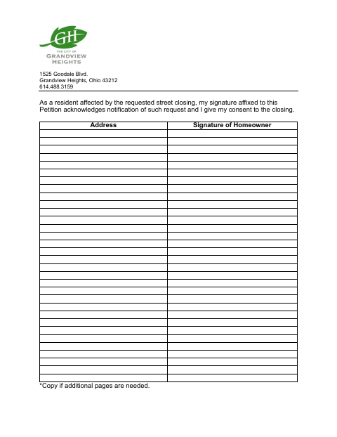 First page of the Street Closing Petition