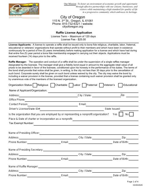 First page of the Raffle License Application