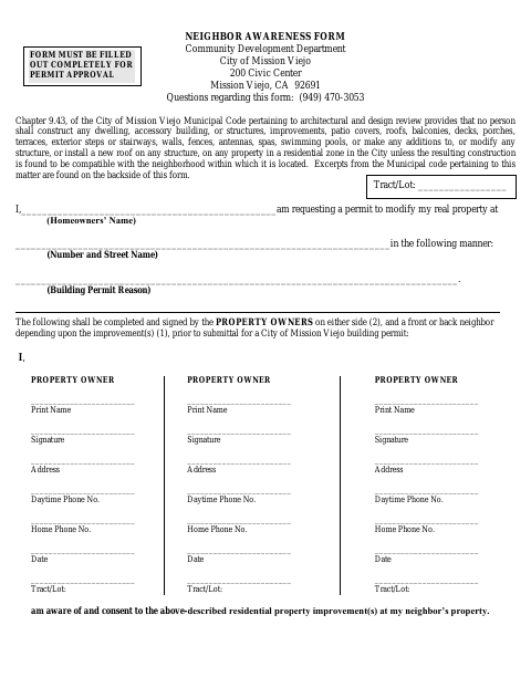 First page of the Neighbor Awareness Form