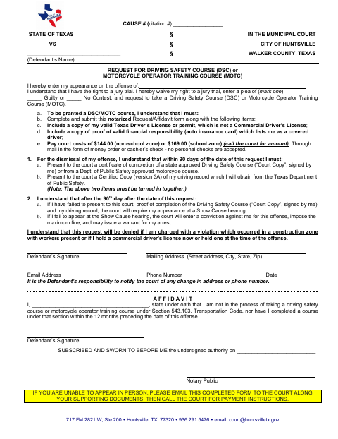 First page of the Driving Safety Course Request and Affidavit