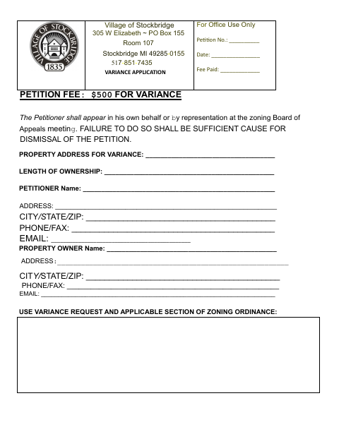 First page of the Variance Application