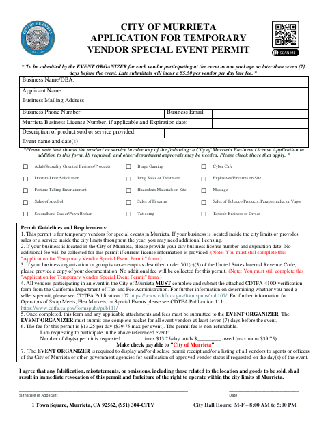 First page of the Application for Temporary Vendor Special Event Permit