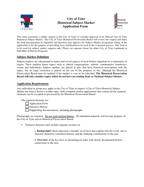 First page of the Historical Subject Marker Application