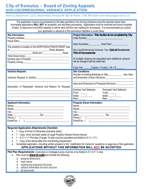 First page of the Non-Use/Dimensional Variance Application