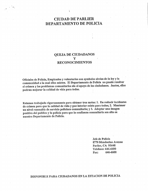 First page of the Citizen Complaint and Recognition Form (Spanish)