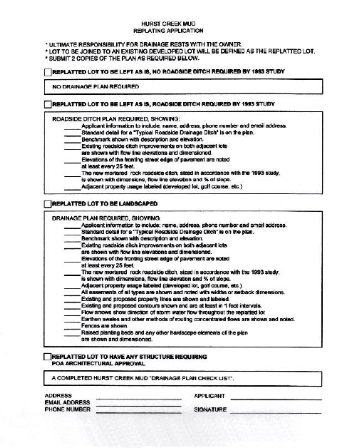 First page of the Hurst Creek MUD Replatting Application