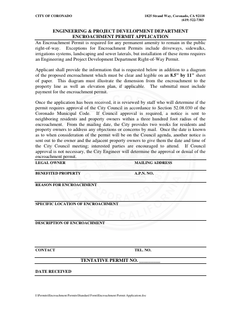 First page of the Encroachment Permit Application