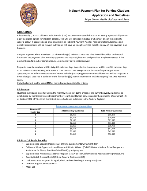 First page of the Indigent Payment Plan for Parking Citations Application and Guidelines