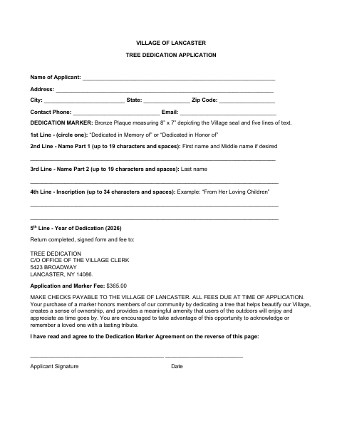 First page of the Tree Dedication Application