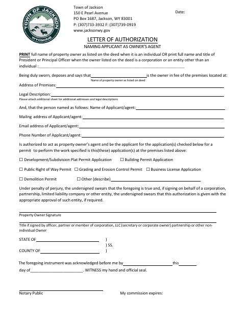 First page of the Letter of Authorization Naming Applicant as Owner’s Agent