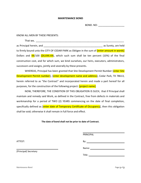 First page of the Maintenance Bond