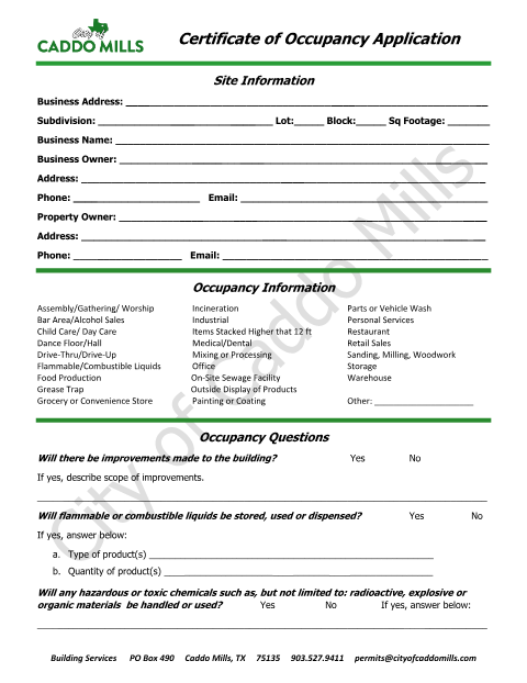 First page of the Certificate of Occupancy Application
