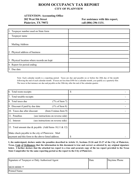 First page of the Room Occupancy Tax Report