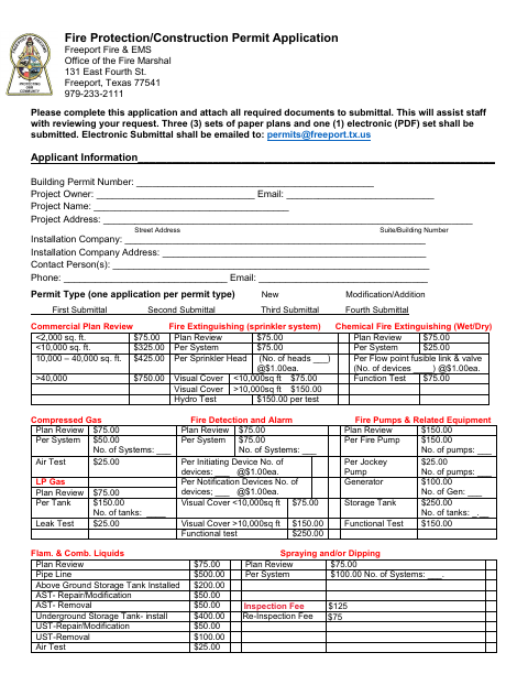 First page of the Fire Protection/Construction Permit Application