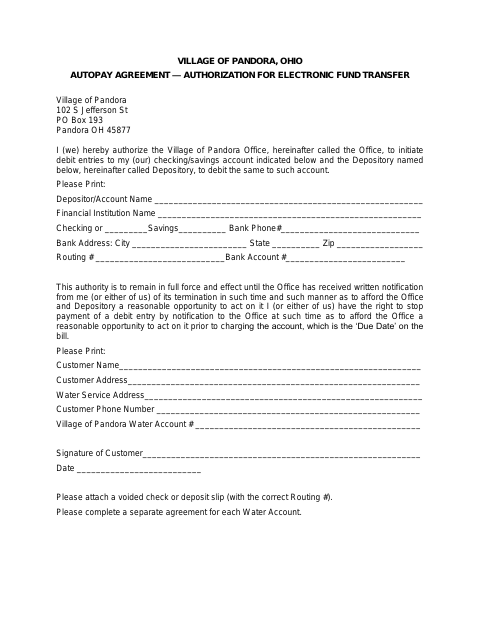 First page of the Autopay Agreement — Authorization for Electronic Fund Transfer
