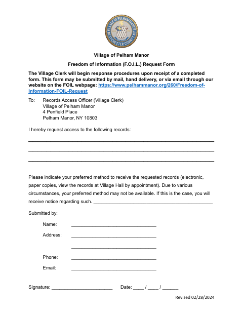 First page of the Freedom of Information (FOIL) Request Form