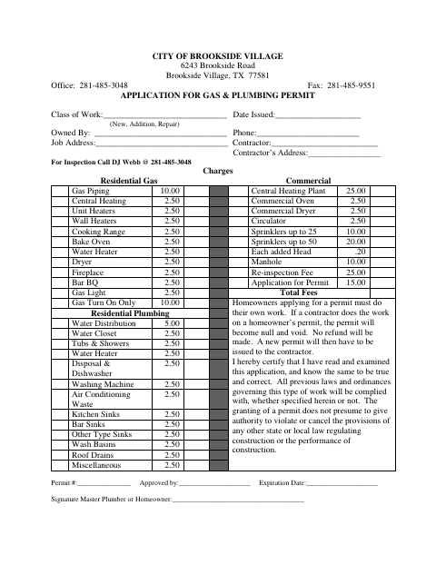 First page of the Application for Gas & Plumbing Permit