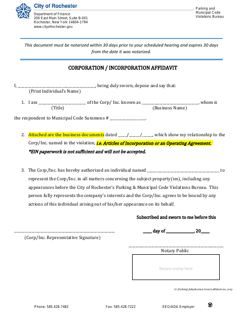 First page of the Corporation Representative Affidavit