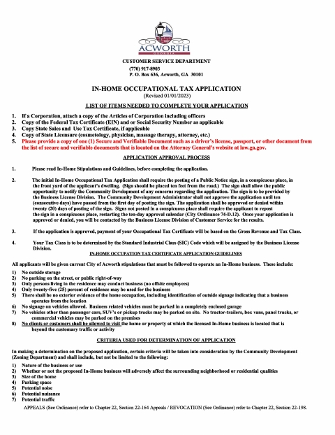 First page of the In-Home Occupational Tax Application