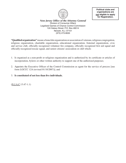 First page of the Senior Citizen Club or Association Registration Application