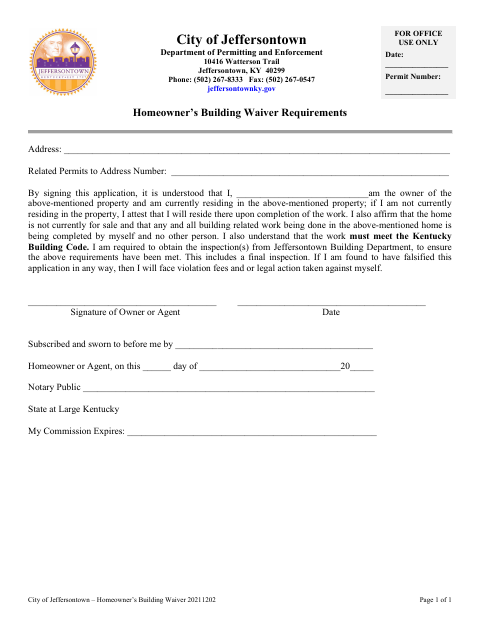 First page of the Homeowner’s Building Waiver
