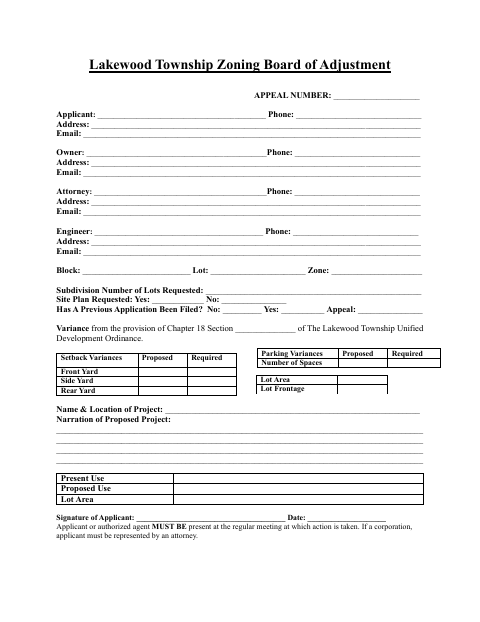 First page of the Zoning Board of Adjustment Application