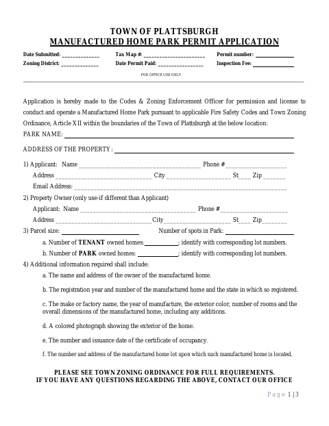 First page of the Manufactured Home Park Permit Application