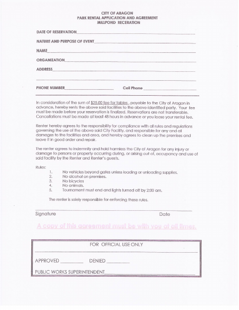 First page of the Millpond Park Rental Application and Agreement