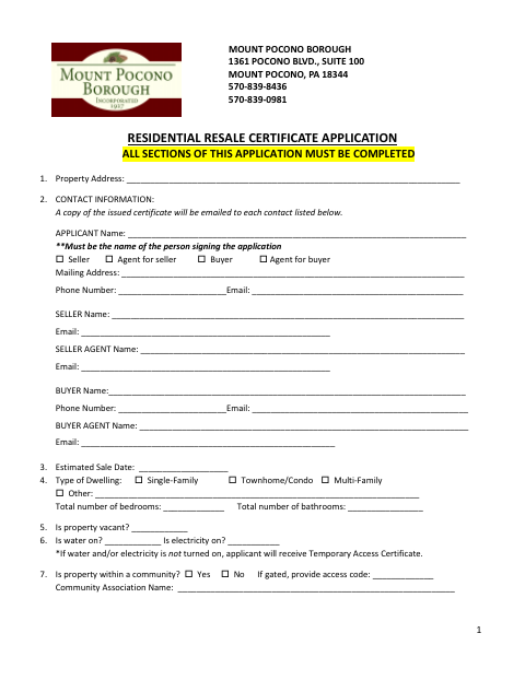 First page of the Residential Resale Certificate Application