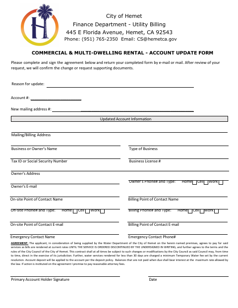 First page of the Commercial & Multi-Dwelling Rental Account Update Form