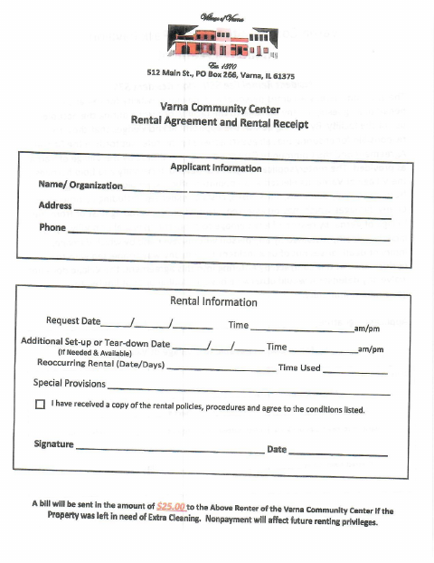 First page of the Community Center Rental Agreement