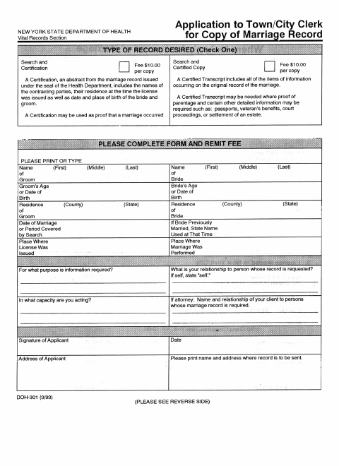 First page of the Application for Copy of Marriage Record